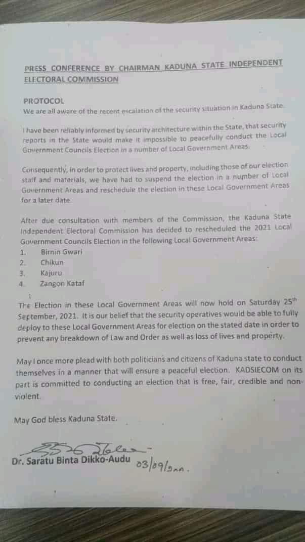 Read more about the article Due To Insecurity KADSIECOM Postpones Council Polls In 4 LGAs In Kaduna