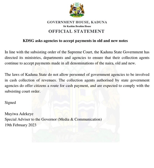Read more about the article Kaduna State Govt Asks Agencies To Accept Payment In Old And New Notes